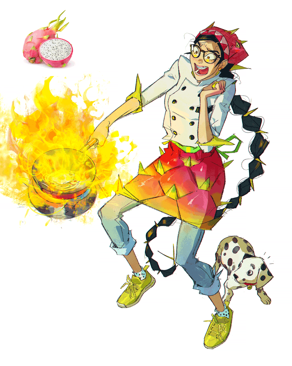 1girl black hair braid fire long hair chef yellow eyes  illustration images