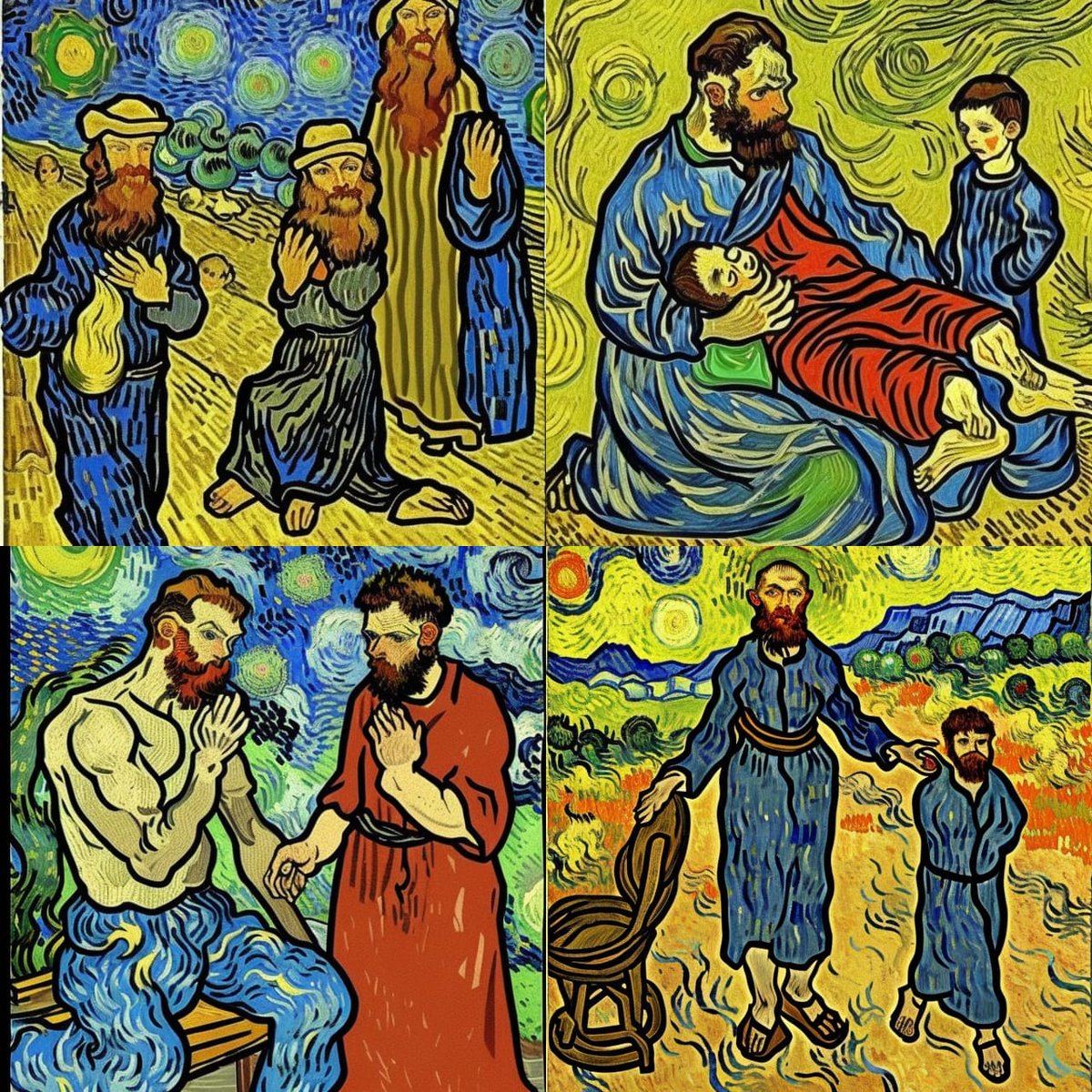 StudentAlex_'s tweet photo. I like the second pic, where AI tried to picture both the sick and healed boy at once. #ProphetElijah healing widow's son, #VanGoghStyle - made with @NightCafeStudio
https://t.co/kIAAizLb2n
#aiart #nightcafe #digitalart https://t.co/kIAAizLb2n https://t.co/A1iuqhXgut