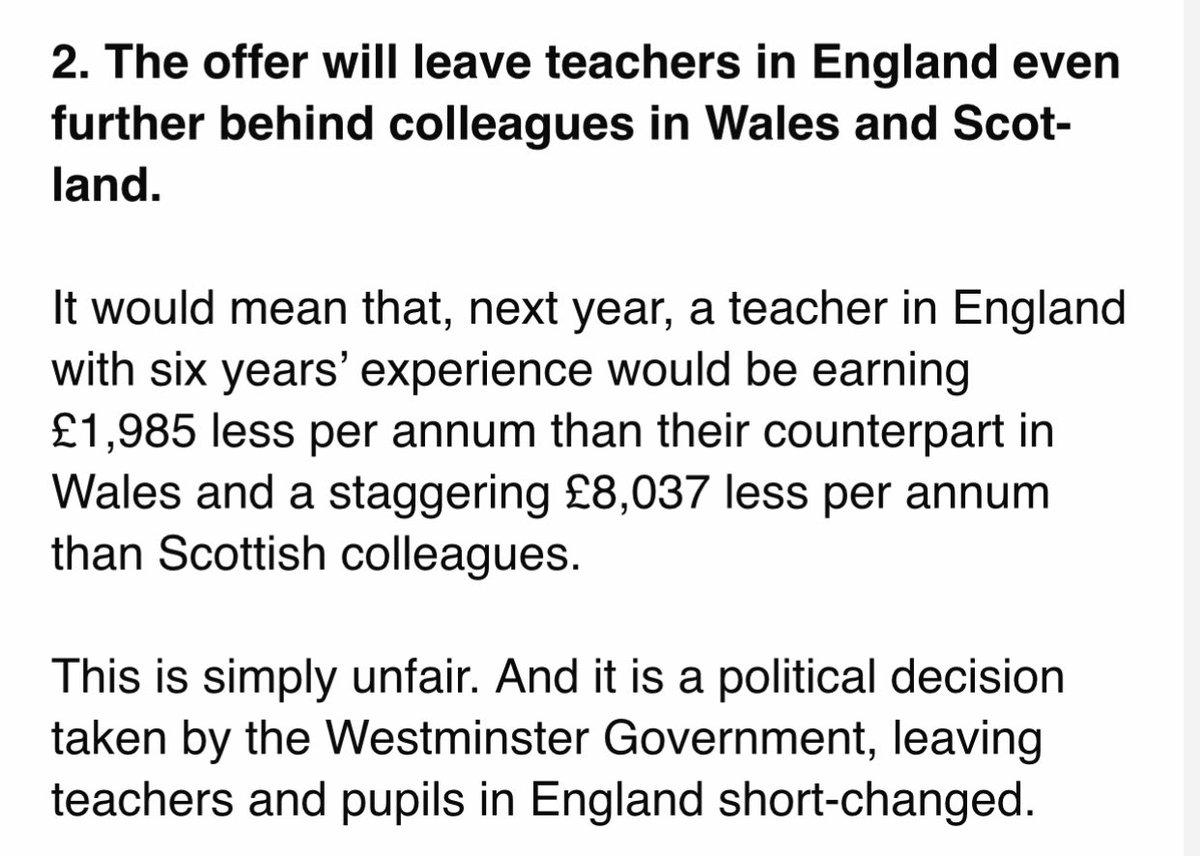 Wish <a href="/GillianKeegan/">Gillian Keegan</a> valued teachers. “Offer” made also shamefully expected to partly come out of existing school budgets. Assumed education dispute would be resolved in a similar way to Wales/Scotland. Apparently not. For context remember that since 2010 MPs pay has increased 30%