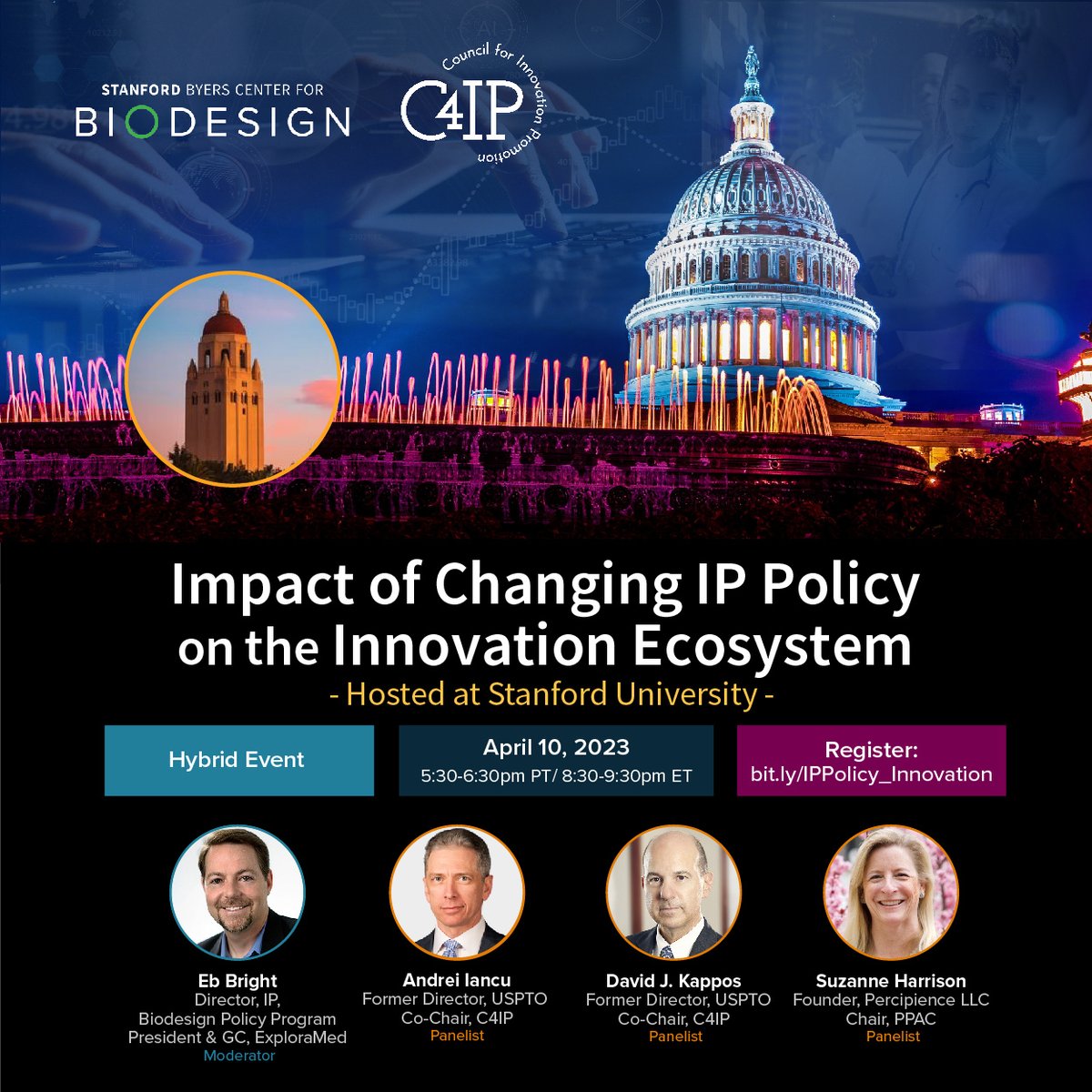 Many critical areas of patent law are being hotly debated. Join us on April 10 as we host a discussion with @Council4IP on the role IP law and policy play in supporting innovation. Register here ow.ly/FnCC50NsZtc #StanfordBiodesignPolicyProgram #InnovationandIP