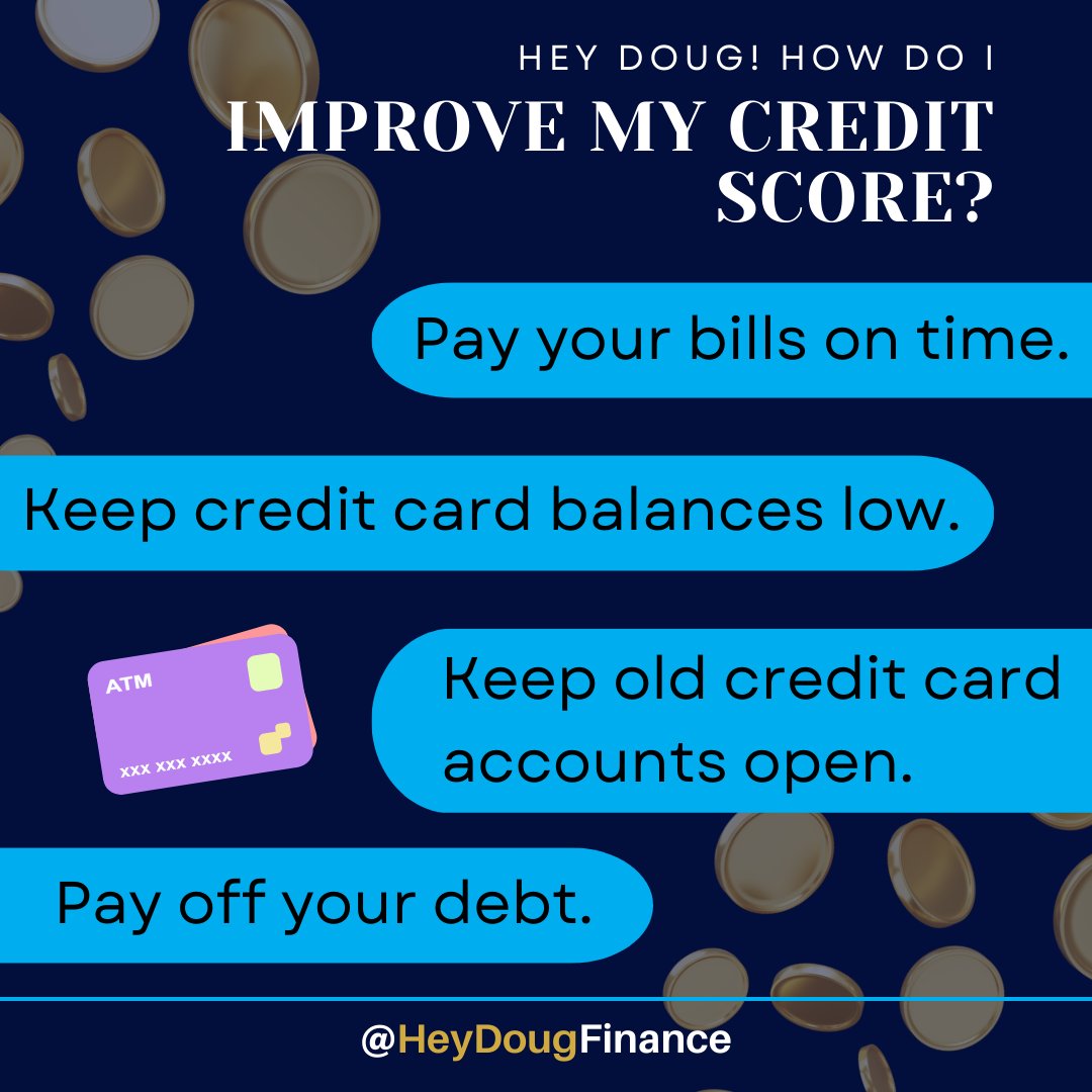 Improving your credit score can help you have a better overall financial situation! 
💵Pay your bills on time, everytime! 
💵Keep credit balances low.
💵Pay off your debt. 
#financialadvice #heydougfinance #improveyourcreditscore #creditscore #payoffdebt #payyourbills