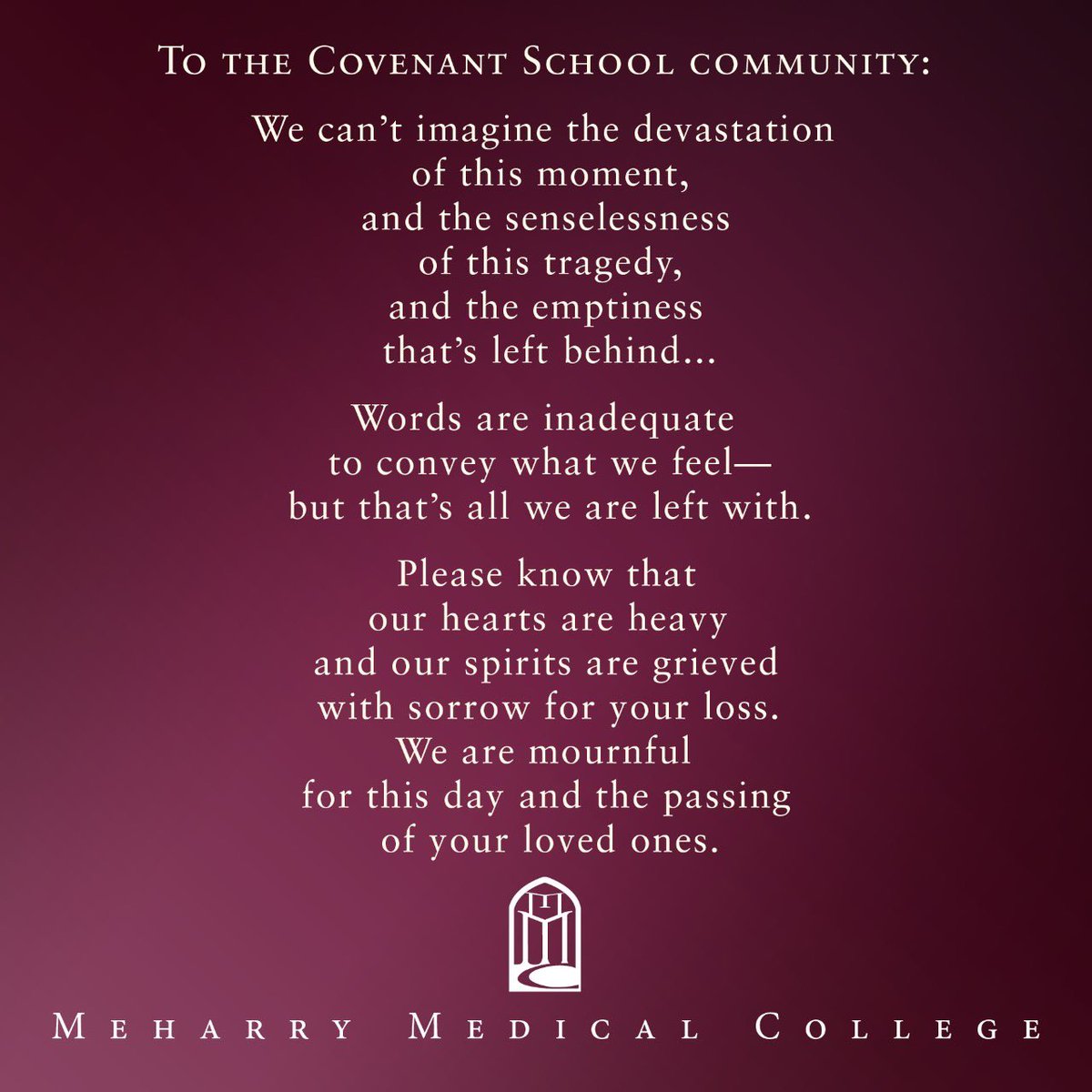 MeharryMedical's tweet image. Our hearts and prayers go out to the Covenant School Community.