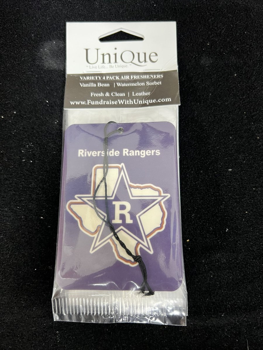 rangerbandnews's tweet photo. Support your Ranger Band’s current fundraiser - Custom Riverside Air Fresheners!  4 scents - Vanilla Bean, Watermelon Sorbet, Fresh &amp; Clean and Leather!  All 4 for $12.  See any Band or Flag Member to show your support and Riverside Pride!!! #riverside4ever https://t.co/XnBos3sVnf