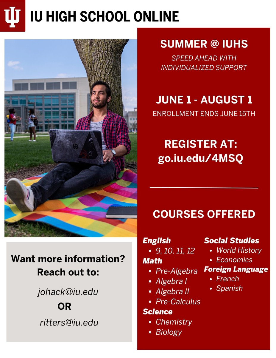 Enroll in SUMMER@IUHS and complete a course in as few as 8 weeks!! go.iu.edu/4MSQ

#OnlineHighSchool
#IndianaHighSchool
#UniversityHighSchool
#IUHS
#VirtualHighSchool
#BestOnlineHighSchool
#Education