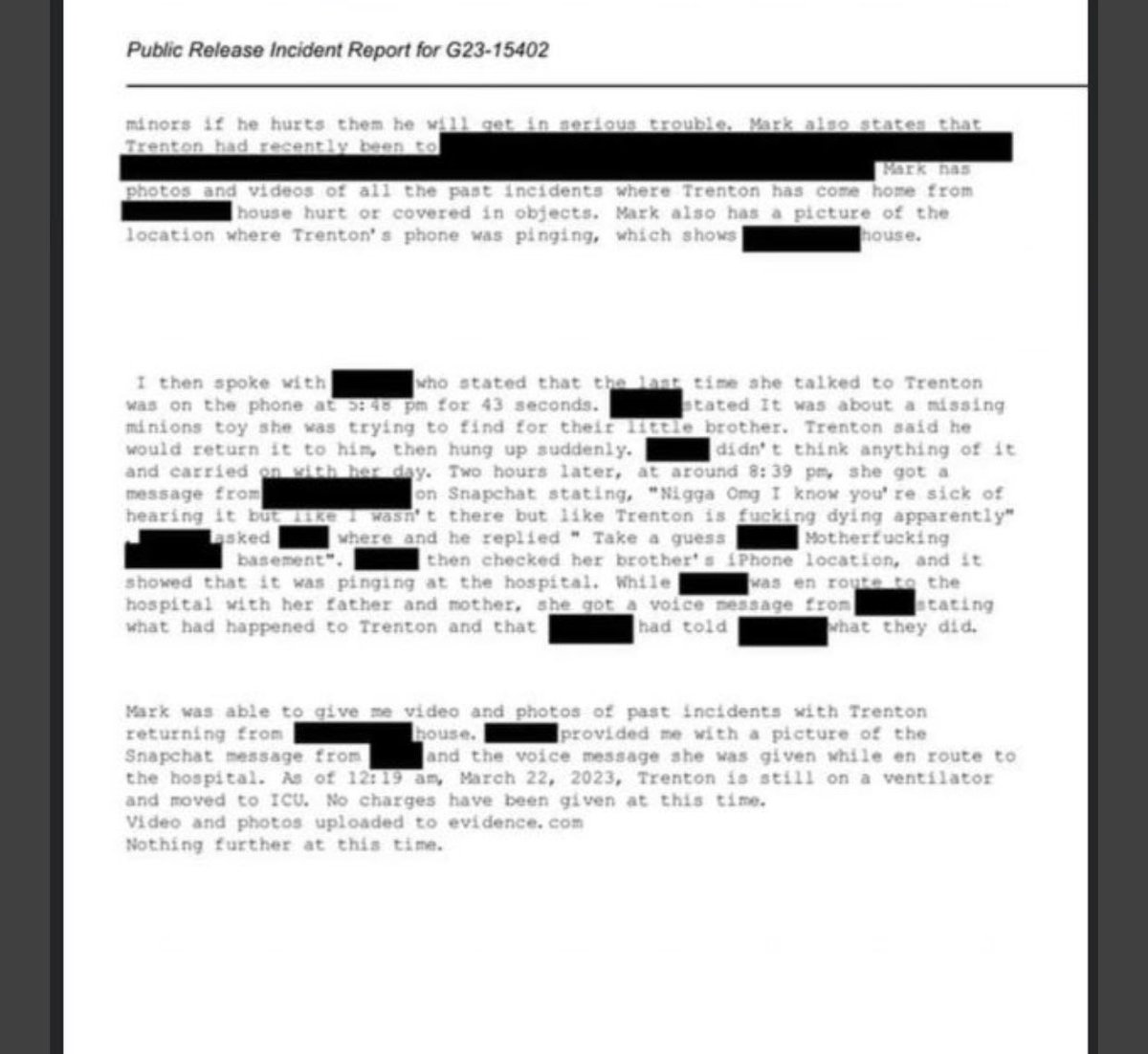 Crime_and_Wine's tweet image. This is the incident report taken by the first officer to come in contact with #TrentLehrkamp at the ER. Statements were given by Trent’s father. This report confirms Trent had endured violent and disturbing torture, from the same person(s) prior to this most egregious act.…