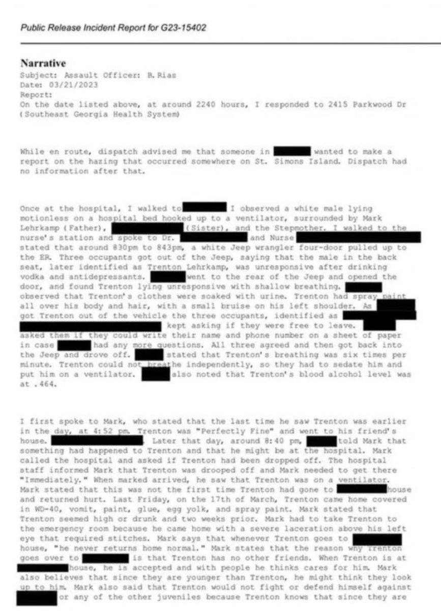 Crime_and_Wine's tweet image. This is the incident report taken by the first officer to come in contact with #TrentLehrkamp at the ER. Statements were given by Trent’s father. This report confirms Trent had endured violent and disturbing torture, from the same person(s) prior to this most egregious act.…