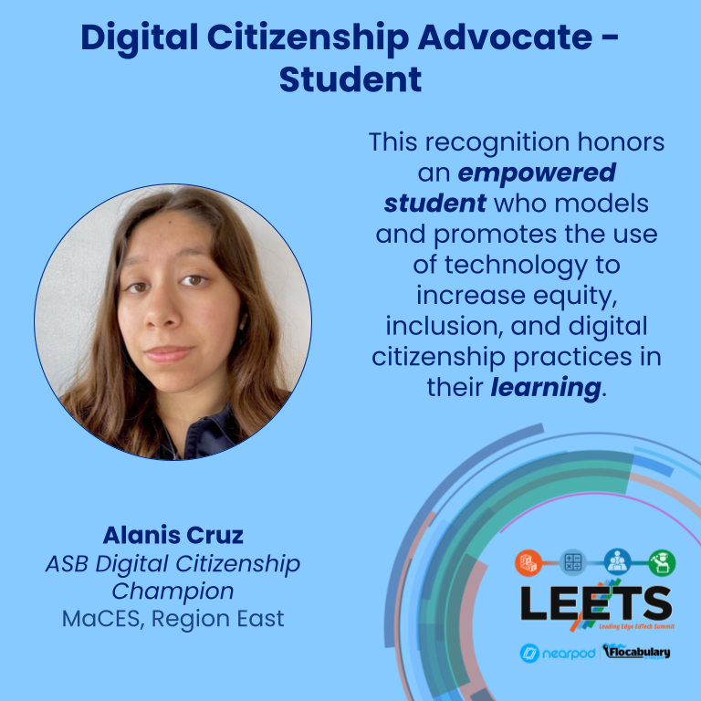 LAUSD_EdTech's tweet photo. Each day we'll be celebrating a #LEETS23 Honoree who demonstrates empowered learning, accomplished teaching, or impactful leadership through edtech!

Join us in recognizing @LASchoolsEast @MACESmagnet's Alanis as a Digital Citizenship Student Advocate!

#DigCitLA #EmpoweredByITI https://t.co/Rdapr45LH9