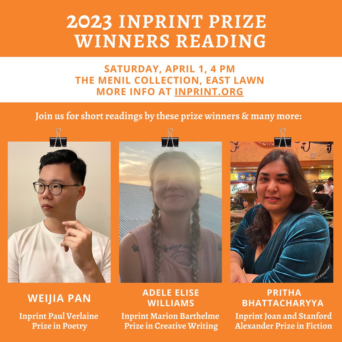 This spring, Inprint awarded 10 prizes ranging from $1,000 – $10,000 to students studying creative writing at @uhcwp and @RiceUniversity. Stop by the @MenilCollection’s Neighborhood Community Day this Saturday to help us celebrate their wonderful achievements! 🥂🥂🥂
