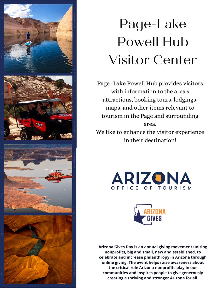 AZ Gives Day beginning please help us increase our ability to provide for the Visitors to Page, AZ.  As  a 501C3, every $$$ helps.

Please click on link to donate:
azgives.org/index.php?sect…