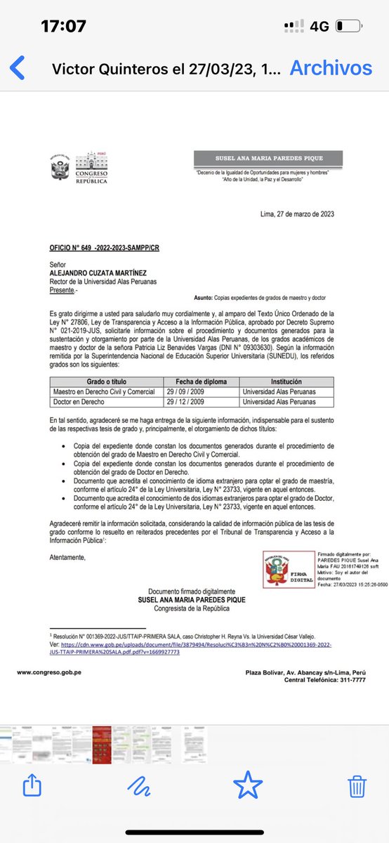 suselparedes's tweet photo. Las tesis de la Fiscal de la Nac. son inubicables. Toca verificar documentación administrativa. Requisito para ser Maestro y Doctor es acreditar en c/u conocimiento de 1 y 2 idiomas extranjeros. He solicitado a la U Alas Peruanas. Tendrán los documentos? Alerta ⁦@JNJPeru⁩ https://t.co/7RBJiYpIRP