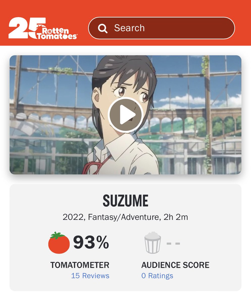 DiscussingFilm's tweet photo. ‘SUZUME’ debuts with 93% on Rotten Tomatoes from 15 reviews.

Read our review: https://t.co/KOcqTI47i5 https://t.co/CvWoqlnU0t