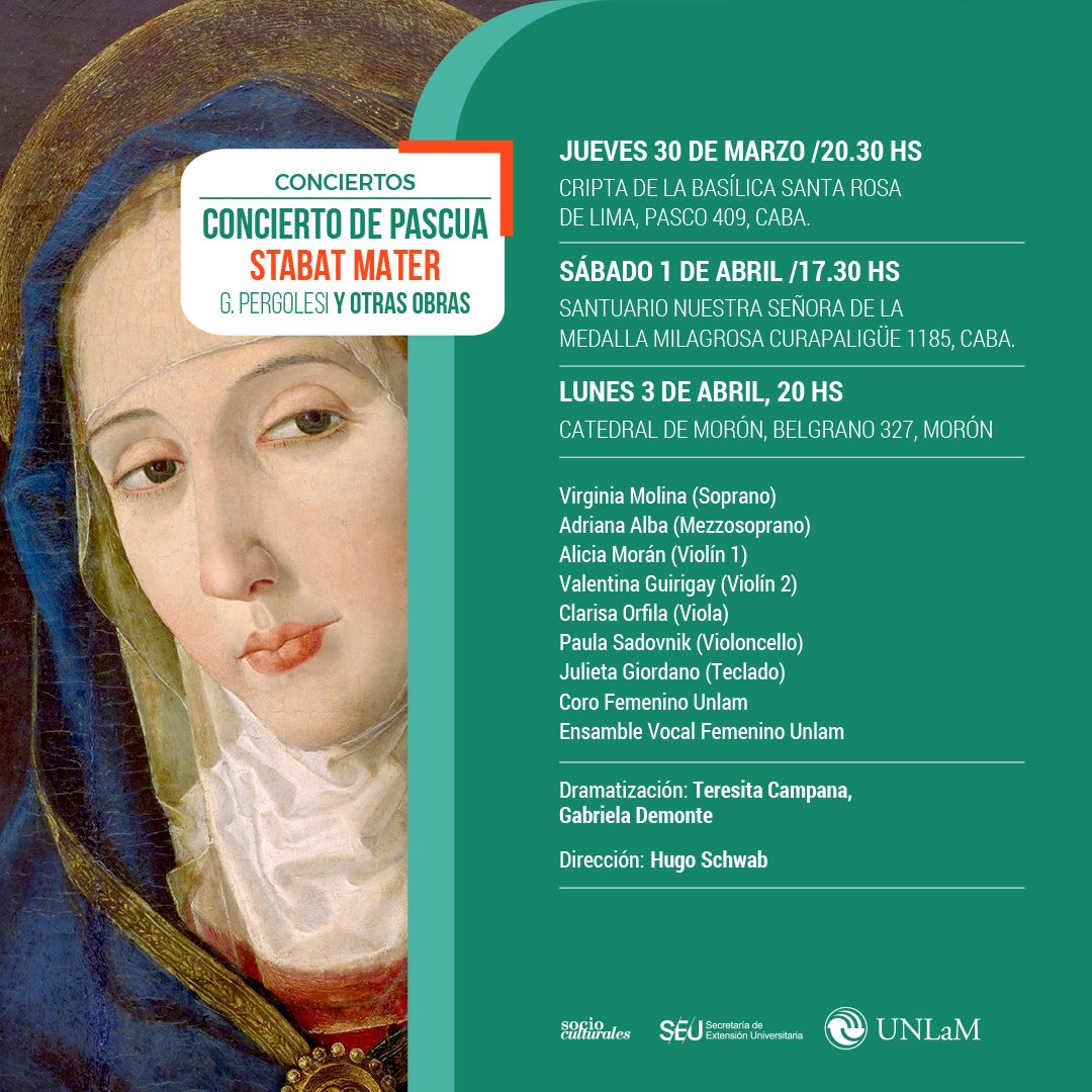 ConciertosUnlam's tweet photo. 3 conciertos del #stabatmaterpergolesi en 3 iglesias. #conciertodepascua 
#solistasvocales #corofemenino #instrumentos #danza https://t.co/DgiUrldywc