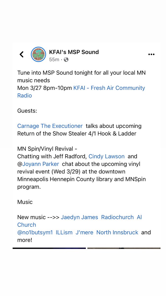 Tune in tonight for all your local MN music needs
Mon 3/27 8pm @kfaiFMradio 
Guests:
<a href="/CarnageXXXL/">Carnage The Executioner • TERRELL X</a> 
MN Spin/Vinyl Revival Chat with Jeff Radford, Cindy Lawson  &amp; Joyann Parker 

New music Jaedyn James  Radiochurch  
<a href="/no1butsym1/">UR MMO GF</a>  ILLism  J’mere  North Innsbruck