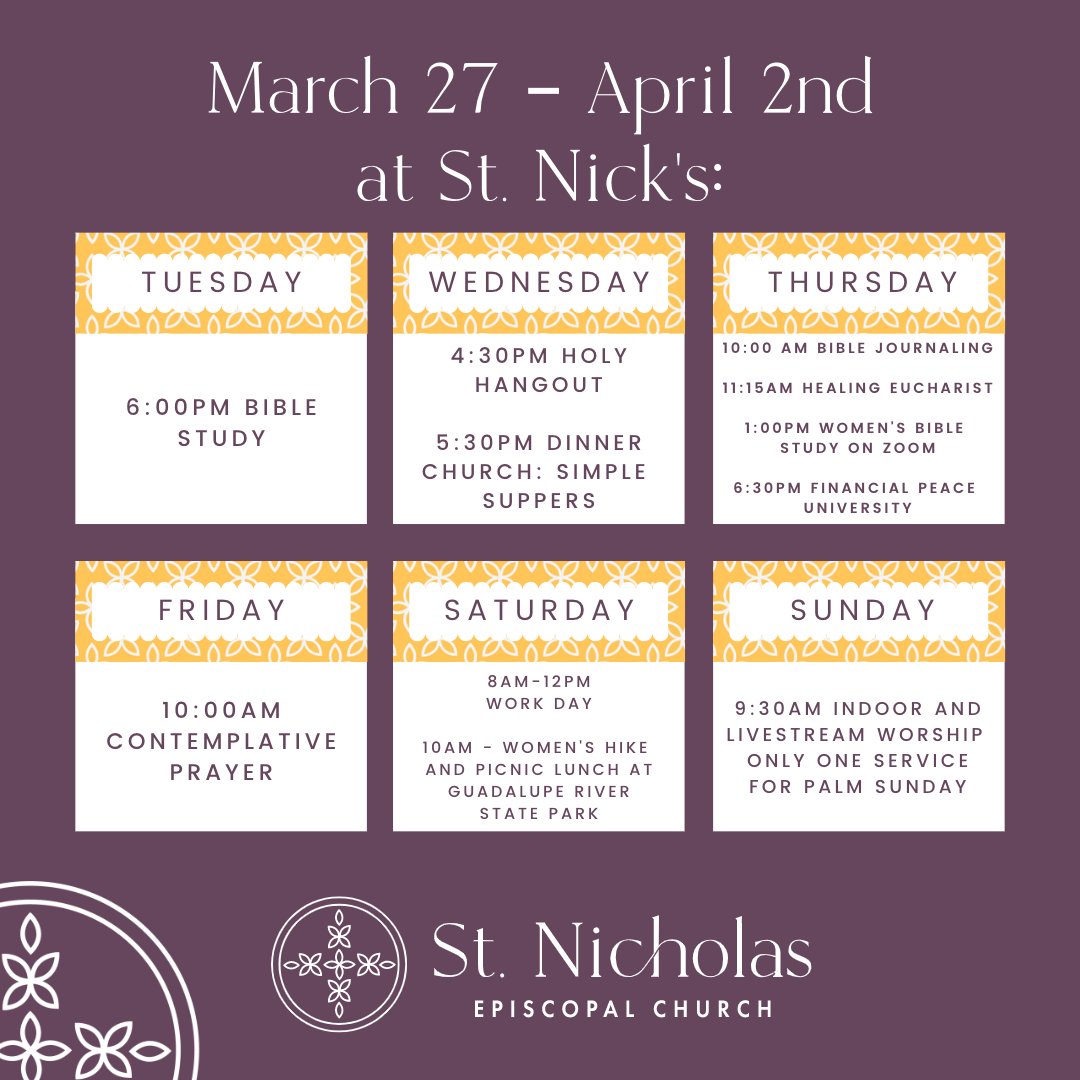This is the last week of Lent! Keep an eye out for the Holy Week schedule, which will be going up this week with all information on worship times and events happening during Holy Week! We hope to see you, have a blessed week!
#stnickshillcountry #episcopalchurch #bulverdetx