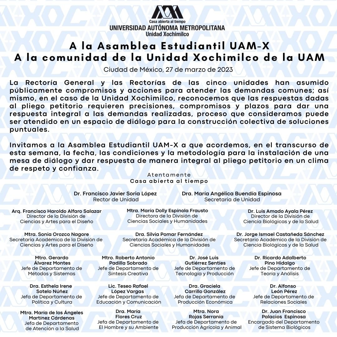 A la Asamblea Estudiantil UAM-X – A la comunidad de la Unidad Xochimilco de la UAM

👁️‍🗨️👁️‍🗨️👁️‍🗨️