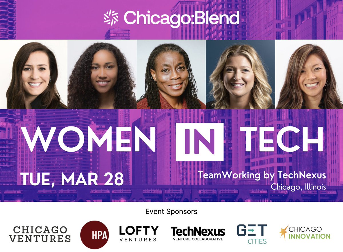 Register for tomorrow's Women IN Tech event in partnership with @chicago_blend! Register to hear from Chicago's top VCs and founders: bit.ly/3F2MBlb Thanks to our event co-sponsors @LoftyVentures, @ChicagoVentures, @TechNexus, @GETCities & @Chi_Innovation!