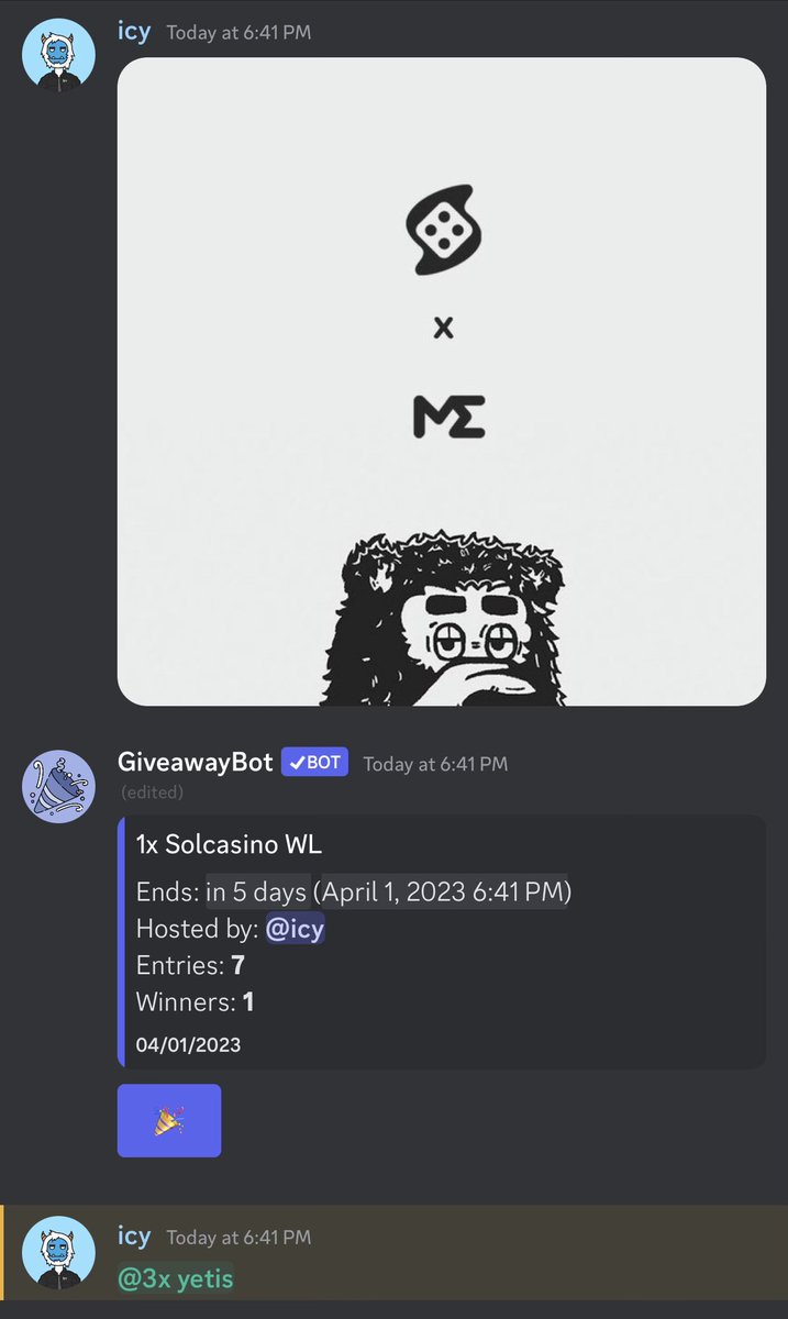 ❄️4th HOLDERS ONLY GIVEAWAY IS LIVE IN DISCORD🎰

🎁 Prize:
1x <a href="/Solcasinoio/">Solcasino.io</a> WL

❗️How to join:
1️⃣ Own at least 3x Iced Yetis
2️⃣ Join the discord (link in bio) + react in holders only channel
3️⃣ LIKE + RT, Tag friends below👇

5 days⏳
#NFTGiveaways #SOL #NFT