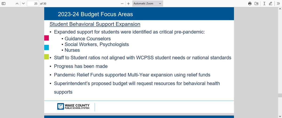 Wake County Supt. Catty Moore says another priority in her new budget will be to add more behavioral support positions to help meet student needs &amp; come closer to nationally recommended staffing ratios. #wcpss
