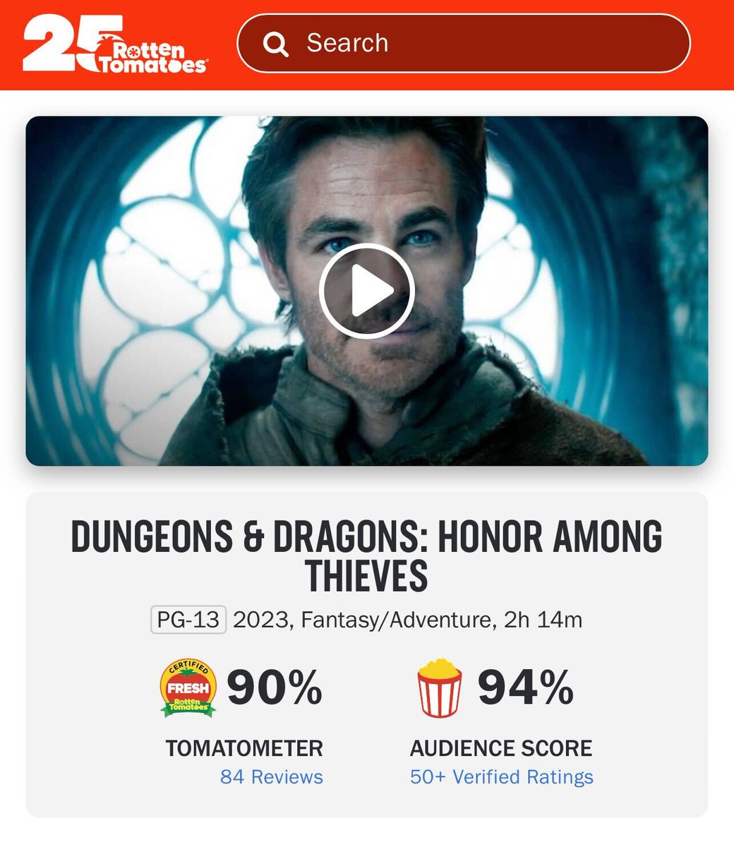 DnDMovie's tweet image. Believe the hype! #DnDMovie has an Audience Score of 94% on @RottenTomatoes! Get tickets now for #DnDMovie - Early shows start Wednesday, in theatres everywhere FRIDAY. 

🎟️: dungeonsanddragons.movie