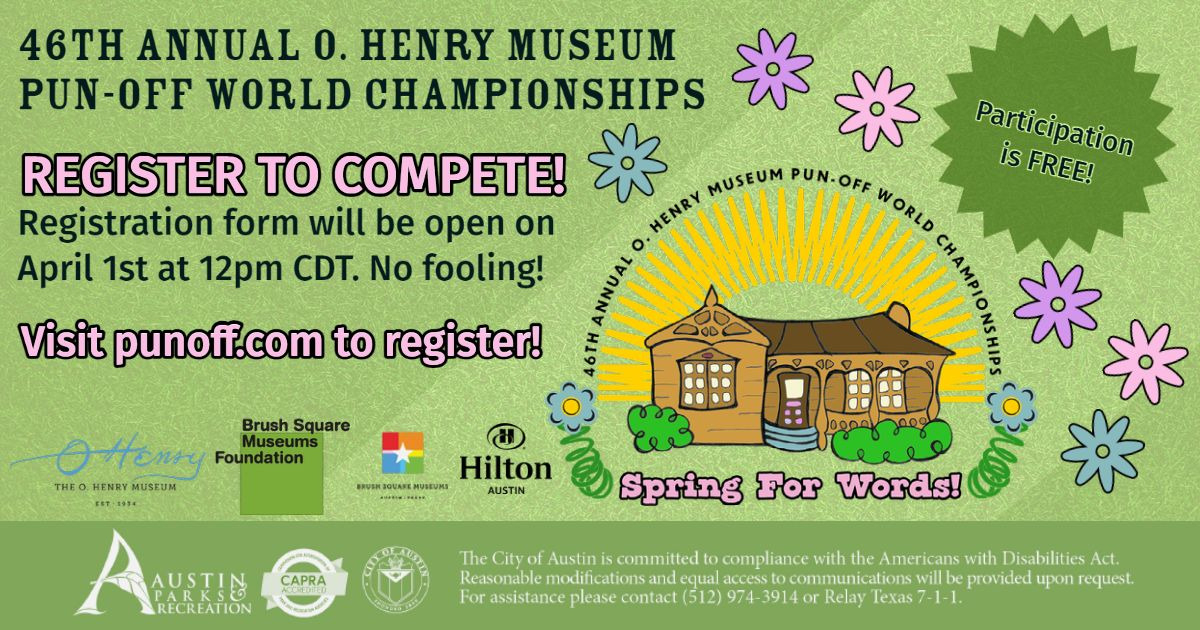 PunOffATX's tweet photo. A register to compete page will magically appear April 1st, Noon (CDT, -5 GMT) until 4/4/23 11:59 pm on https://t.co/1D1DiIBzFp No fooling 😂 #puns #punoff #humor, #austin #comedy #events https://t.co/DMLrZPdbc5