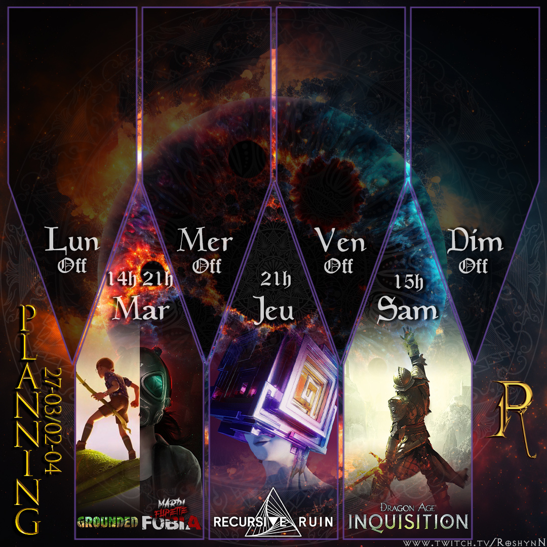 RoshynN's tweet photo. Hey les Gens !
Planning de la semaine du 27/03.
- du #Grounded
- du #Fobia
- du #RecursiveRuin
- du #DragonAgeInquisition
Comme prévu on allège un peu la semaine :3
https://t.co/vRWZJjNB7k https://t.co/r6O3mbSXe7