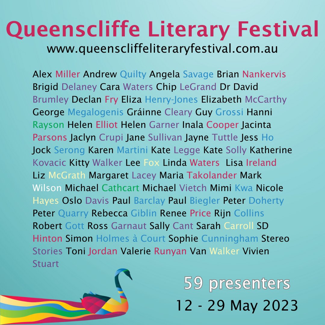 59 presenters over 3 weekends. See any names you like? 12-29 May 2023 #QLF2023 @andrewquilty @angsavage @BrigidWD @Melbchief @_DeclanFry @elizabethhenryjones @ElizabethMcCthy @Gmegalogenis @GraCleary @InalaCooper @Jacinta_Parsons @hillcontentbook @thatjessho @Jockserong