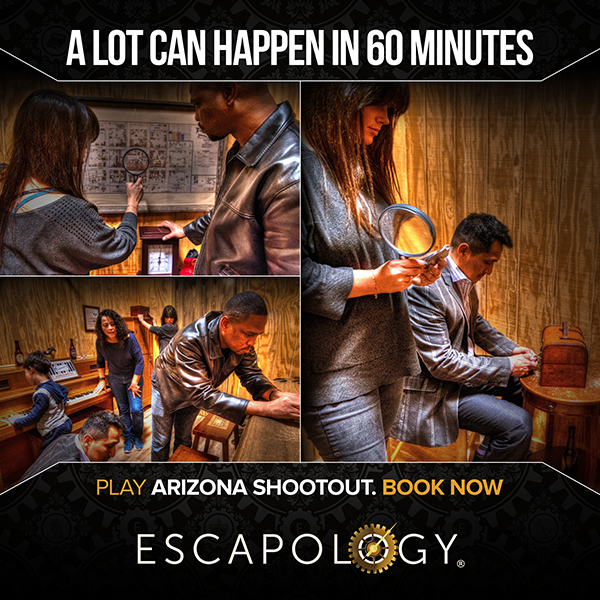 STOP THE OUTLAWS before they escape to Mexico! You must find the clues, solve the puzzles, pick the locks, find the names of the guilty suspects and get out of the saloon within the hour.

Book Arizona Shootout now: escapology.com/en/austin-tx
