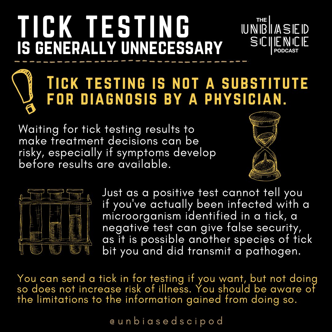 unbiasedscipod's tweet image. Is it necessary to send a tick in for testing if you have been bitten?

Generally, the answer is no. Just because a microorganism may be detected in a tick does not mean that it was transmitted to you, or that the tick even has the ability to transmit it to you.

#ticktesting