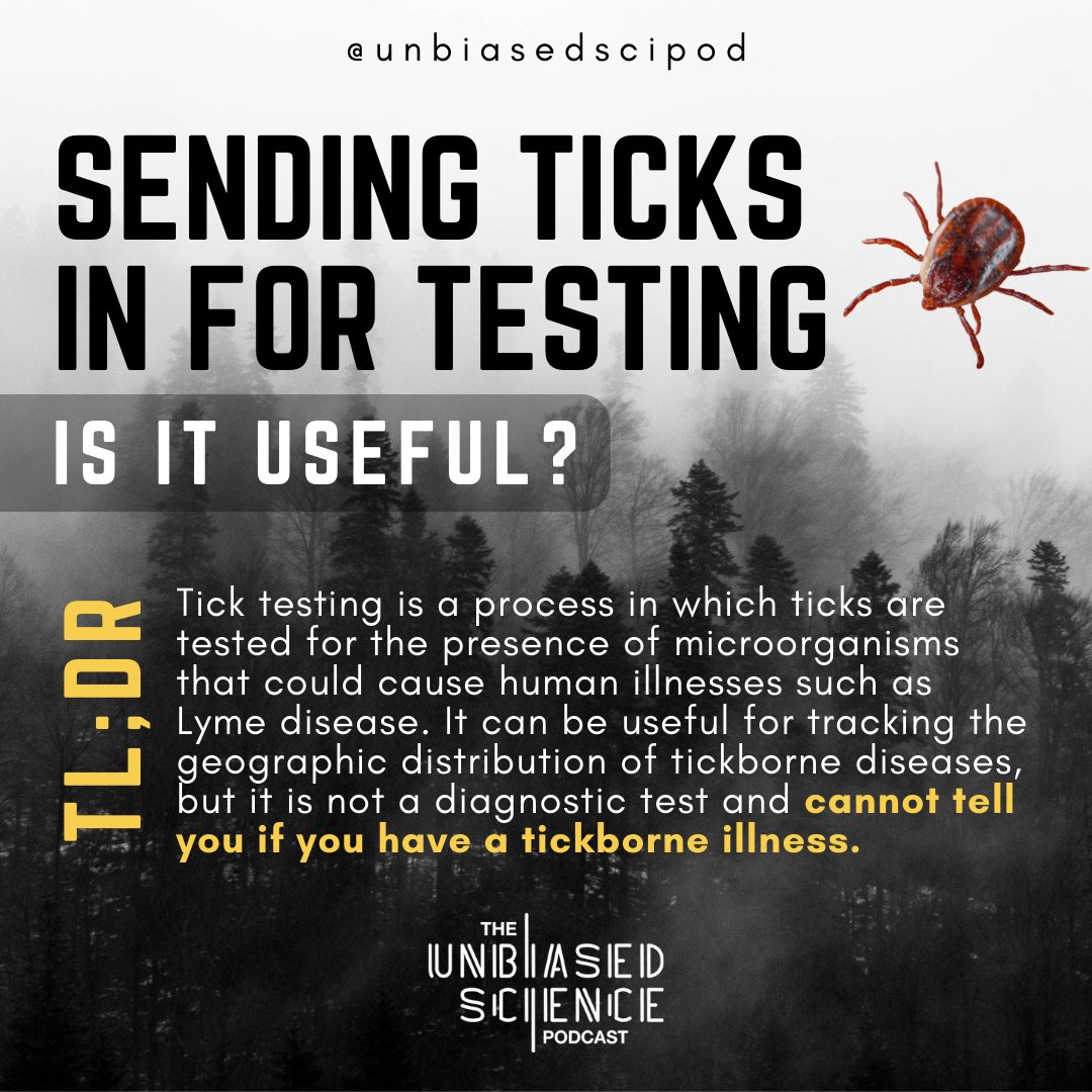unbiasedscipod's tweet image. Is it necessary to send a tick in for testing if you have been bitten?

Generally, the answer is no. Just because a microorganism may be detected in a tick does not mean that it was transmitted to you, or that the tick even has the ability to transmit it to you.

#ticktesting
