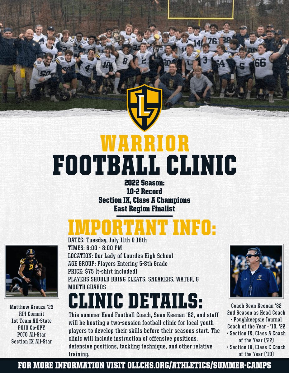 The OLL Athletic Department is happy to announce that Coach Keenan and the Lourdes Football Staff will be running a 2-day youth clinic this summer! Check out the link below for more information and to register. #WarriorPride 

ollchs.org/athletics/summ…