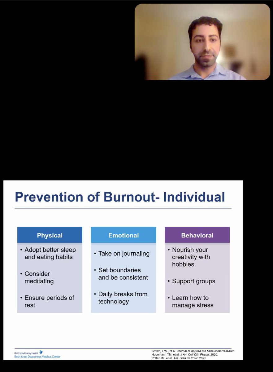 BIDMCPharmRes's tweet photo. Thank you to Dr. George Abdallah #TwitterlessGeorge for presenting for @MAPharmacists on preventing burnout in practice! π
Topics included personal and organizational strategies!
#TwitteRx https://t.co/DTSHH2fyaI
