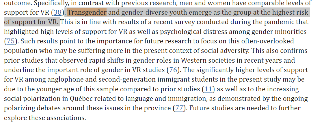 wesyang's tweet photo. A 2022 study of Quebec youth found transgender youth were the group at highest risk of support for violent radicalization https://t.co/o5zr9MJ96l https://t.co/jgPUGl8Op2