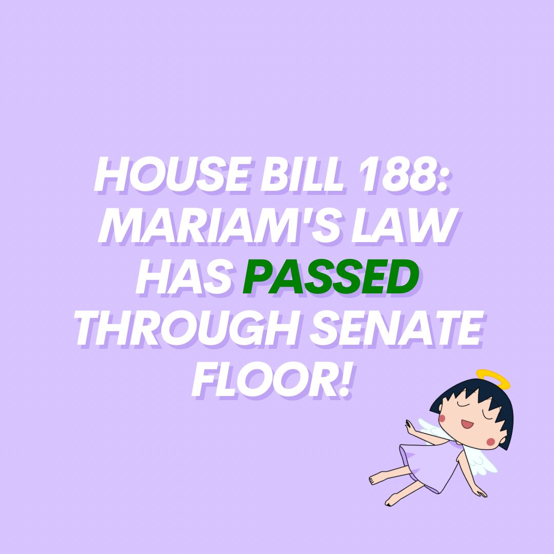 MariamForever7's tweet photo. Mariam’s Law PASSED the Senate! Final step is sending it back to the House for an “agree motion.” THEN off to the Governor Kemp’s desk to sign it into Georgia Law.  Thank you  Sen. John Albers and @RepSainz https://t.co/i3EmNWNmr8