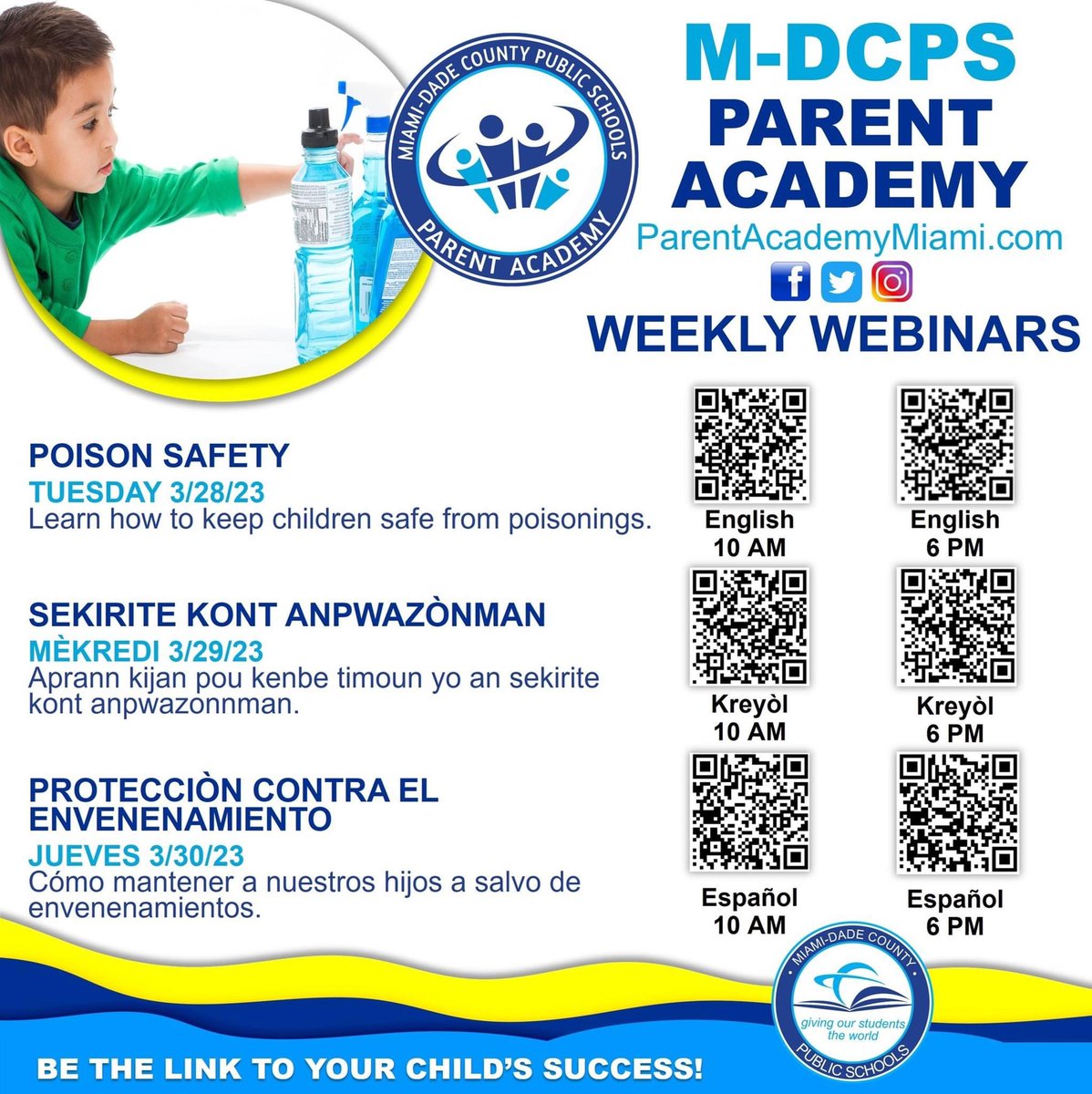 Join @ParentAcadMiami  for POISON SAFETY at 10am & 6pm. (Tue-English, Wed-Creole, TH-Spanish) Register at: parentacademymiami.com/parent-webinar… #MDCPS #ParentAcademy #connectandinspiremdcps