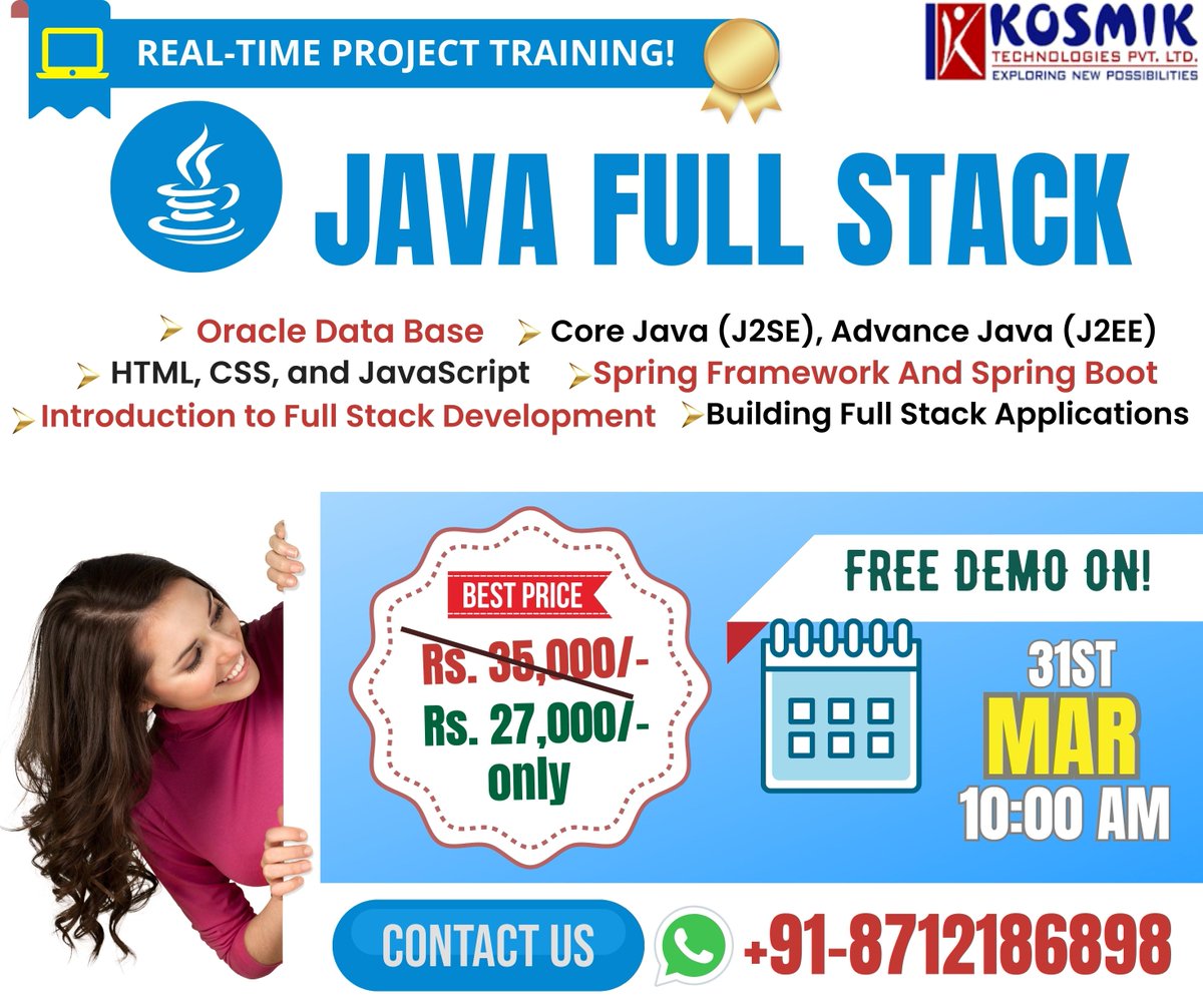 Kosmikteck's tweet image. JAVA Full stack training in Hyderabad
Register for a free demo: bit.ly/2KKDgEO
Phone no: 8712186898
#javafullstack #JAVAFullstackonlinetraining #javaprogramming #javascriptdeveloper #JAVAOnlineTraining #Bestjavatraining
#JAVAFullstacktraininginhyderabad