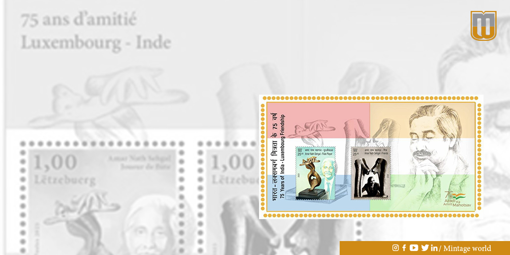 MintageWorld's tweet photo. #India and #Luxembourg jointly issued #stamps and #MiniatureSheet honoring the artistic legacy of #PadmaBhushan #AmarNath Sehgal & his contributions to strengthening the #bond between two nations.
#philately #international #stamps #IndianEmbassy https://t.co/RxqjbjFb9X