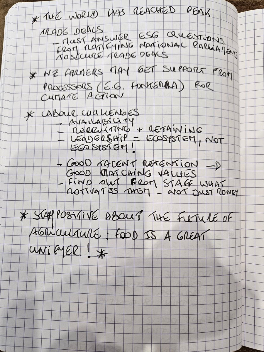 Day 3 of #NuffieldTriennial2023 in Christchurch NZ featured a high level #AgribusinessSummit addressed by NZ and international speakers - more info at the link - and these are my main take aways. Forgive the scrawl and the sandwich crumbs... ruralleaders.co.nz/the-2023-rural… @NuffieldNZ