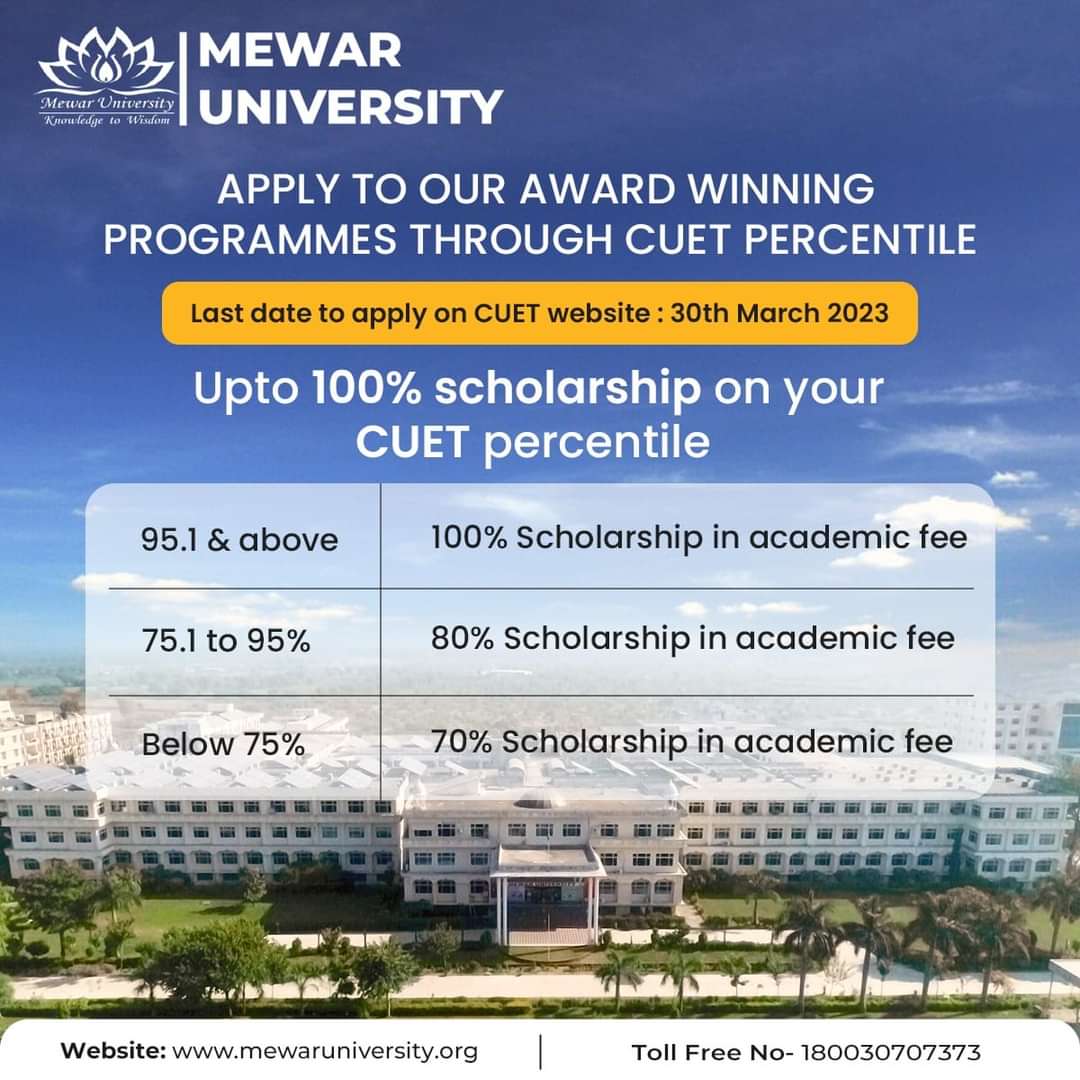 Exciting news for students! Last date to apply for Mewar University through CUET entrance exam is March 30th, 2023. Don't miss this chance to join one of India's top institutions for higher education! #MewarUniversity #CUET2023 #HigherEducation #ApplyNow #LastDateToApply