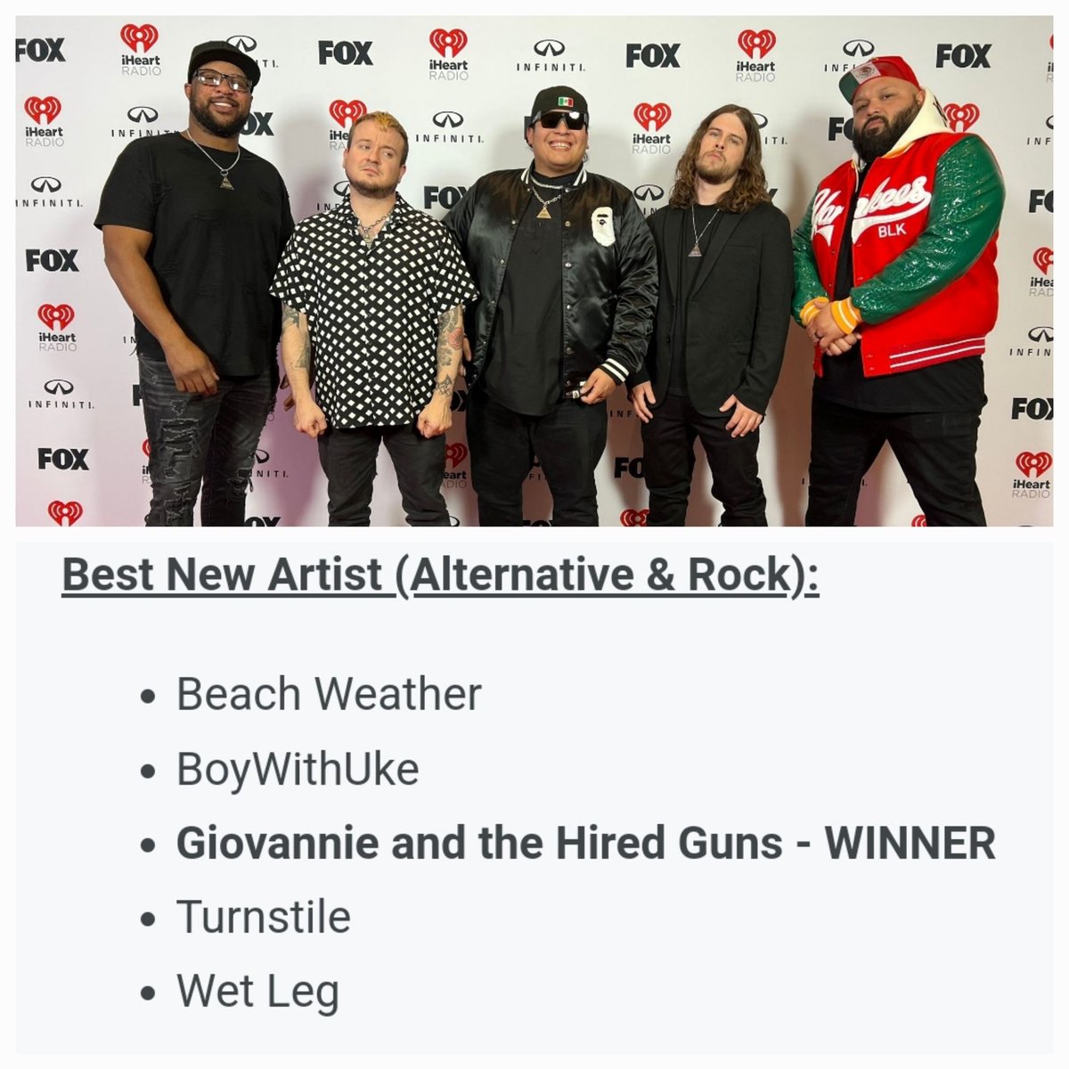 SO proud of <a href="/gioandtheguns/">Giovannie Yanez</a>! Won Best New Artist (Alt and Rock) tonight <a href="/iHeartRadio/">iHeartRadio</a> Music Awards! Small town boys doing BIG things!!!!