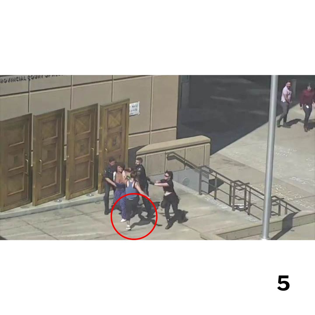 In the video, you can see Elena grab Taylor's phone and Taylor scrambling to get it back, which is where the megaphone makes contact. Elena then attempts to punch Taylor in the face and kick her. Because no one is aware this is an off-duty sheriff, Jack comes to Taylor's aid.