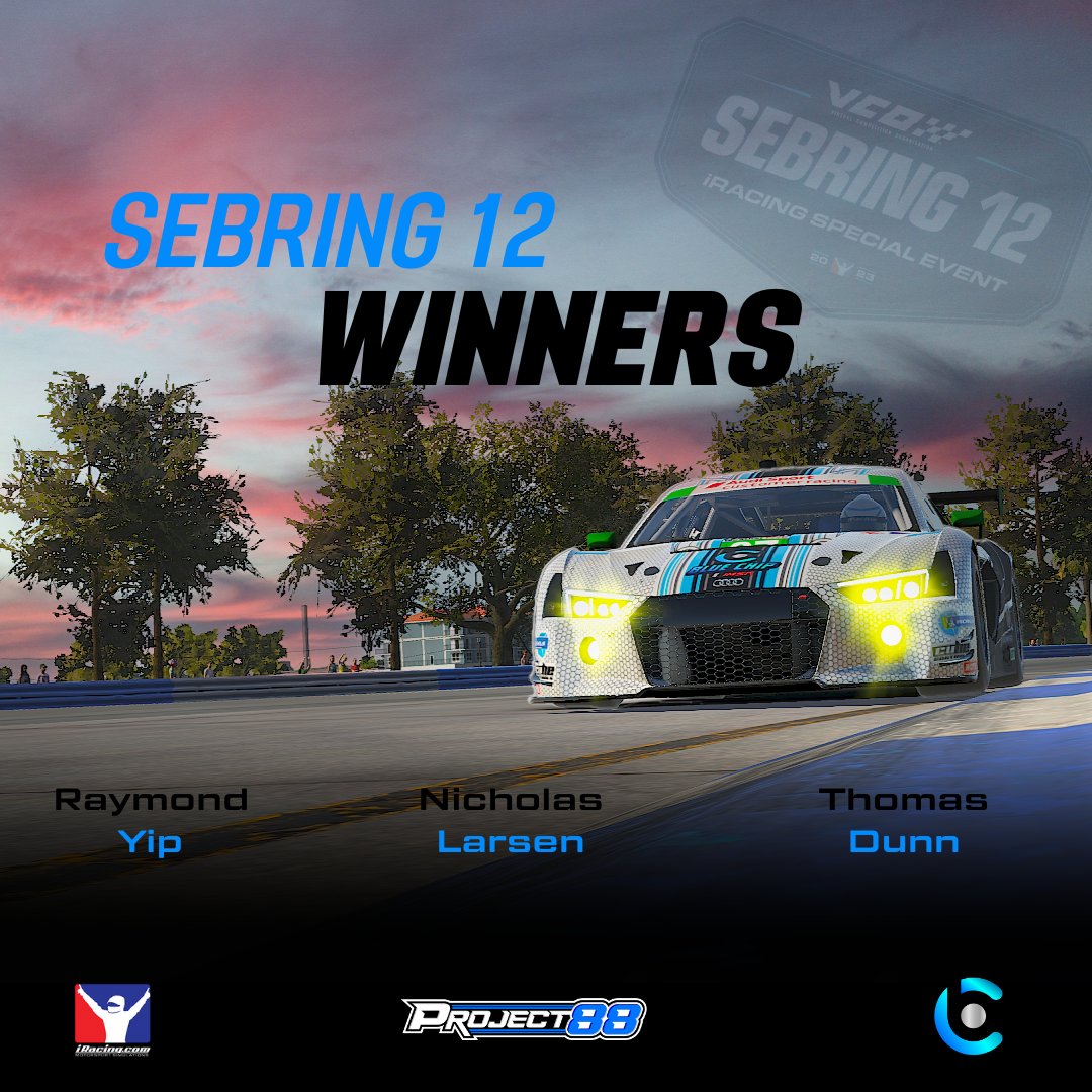 BlueChip_Racing's tweet photo. Sebring 12hr Winners 🏆

Congrats to Raymond Yip, Nicholas Larsen and Thomas Dunn. A well deserved win and Excellent performance 👊

#winners #Sebring12 #iracingofficial #project88 #esports #simracing https://t.co/6smEBDRazK