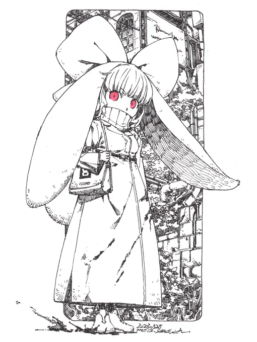 【アナログ1936:迎撃ウサギ】万年筆とコピックです。表紙が好みだからとスケッチブックを買いこんでしまって、このままでは部屋からノートが絶対なくならないことに気付いたので、1冊に1枚でもいいのではと思い始めた。保存もしやすいし。#モノクロ #ウサギ #原画 