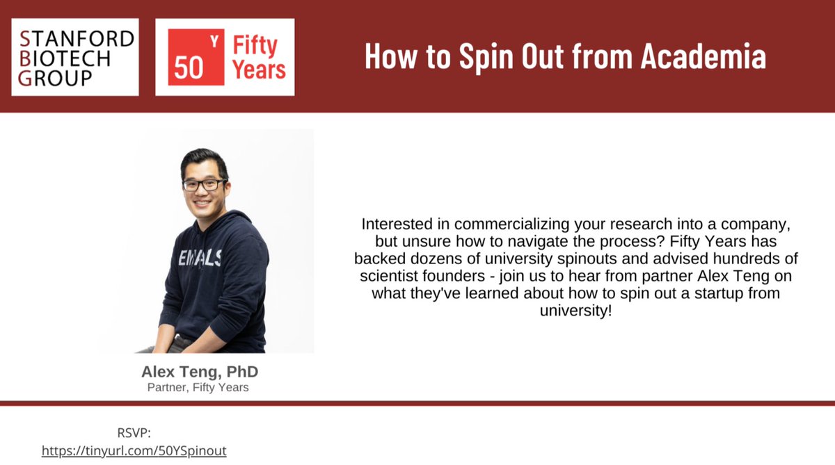 Want to commercialize your research into a company but unsure how to navigate the process? Join us 4/6 at 6 pm to hear from @alexteng101 of @fiftyyears about how to do just that! RSVP here: tinyurl.com/50Yspinout