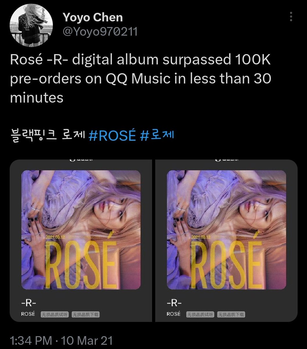 Benny_D_Bright's tweet photo. The FASTEST Korean artist to surpassed 100k pre orders on QQ music (in less than 30min)

**Rosé had only 2 days of pre order on QQ music https://t.co/o6kU2SQqgh