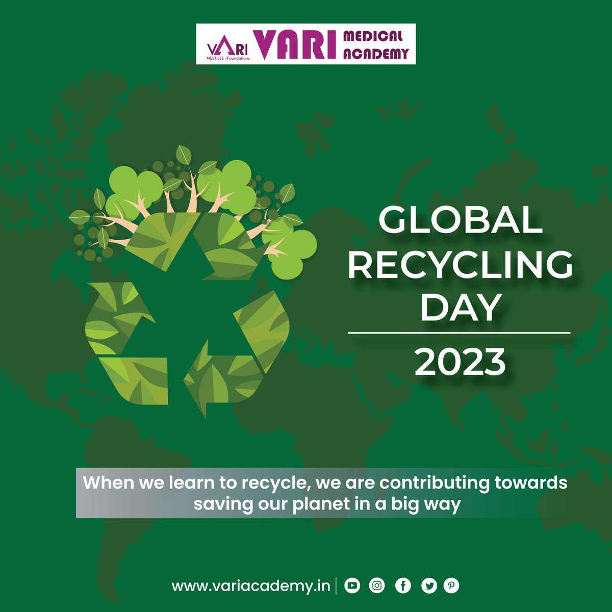 When we learn to recycle, we are contributing towards saving our planet in a big way.

Global Recycling Day 2023 !!!

#varimedicalacademy #GlobalRecyclingDay #globalrecycling #globalrecyclingday2023 #recycle #recycling #savetheplanet #saveearth #saveenvironment #earth #green