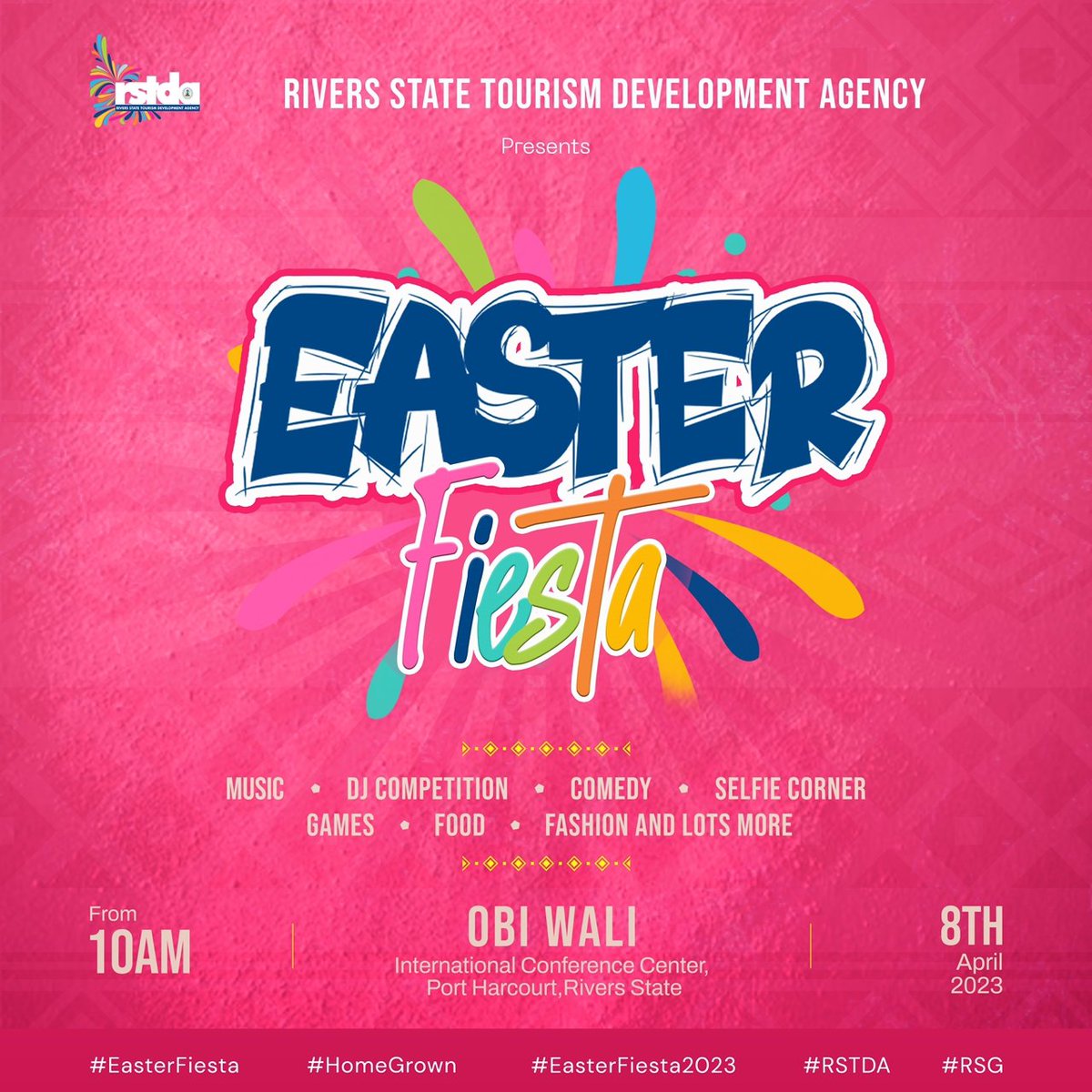 rstdanigeria's tweet photo. Mark your calendars.
EASTER FIESTA: A potpourri of Events in the City of Port Harcourt happening this Easter Weekend. Don't miss it for anything.
#Anticipate #EasterFiesta by #RSTDA, at #EasterFiesta2023 #EasterFiestaPH #HomeGrown #selfieweekpopup https://t.co/gF63i4EV2L