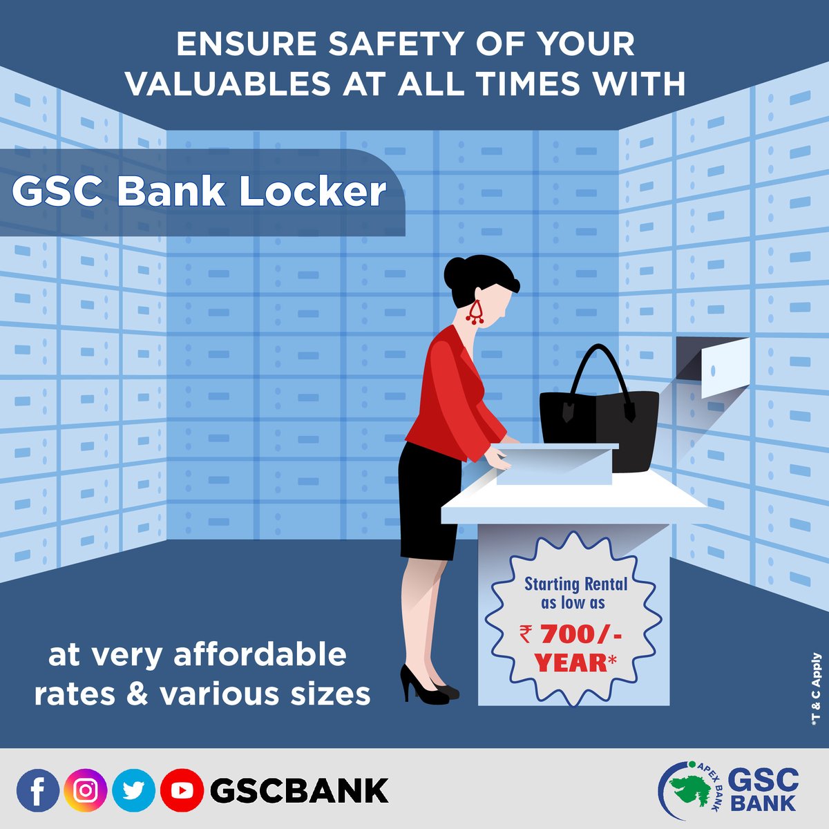 GSCBank's tweet photo. Ensure Safety of Your Valuables at All Times with GSC BANK Locker at Very Affordable Rates & Various Sizes.
Visit your nearest branch today.
#GSCB #lockers #secureyourvaluables #safedepositlocker #safety #banking #Securebanking #affordable #VariousSizes https://t.co/94VeYZn0PF