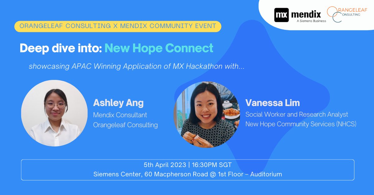 Ellicenps's tweet photo. YOU ARE INVITED!
Orangeleaf Consulting Singapore will be sharing stage with New Hope Community Services Singapore

Curious to know what we completed in 12 days using Mendix low-code? click the link below to register

https://t.co/Dba7NteA2k

See you there! https://t.co/lYY0ebjhCt