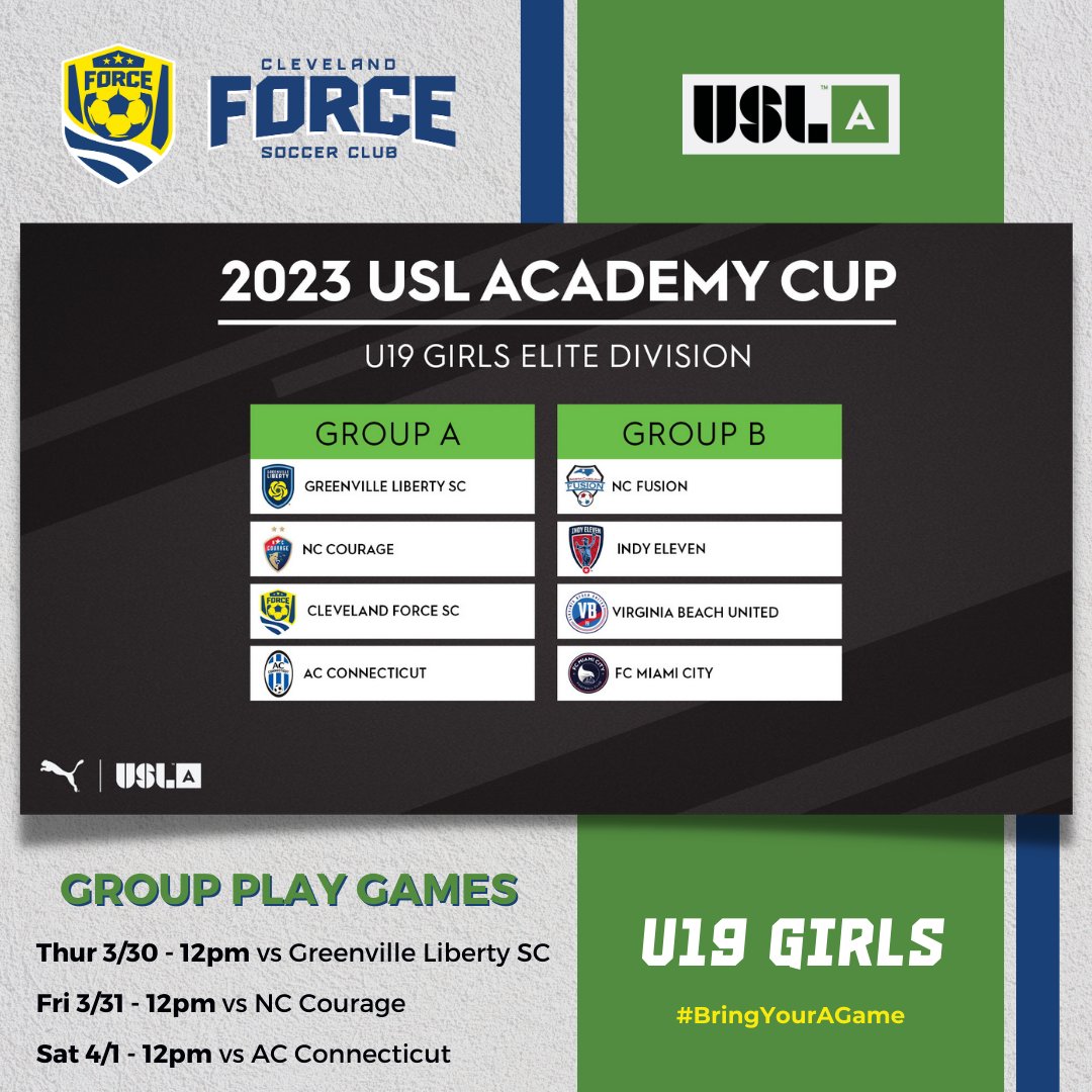 ClevForceUSL's tweet photo. The 2023 @USL_Academy Cup is almost here! Check out the groups and schedules for our @ClevForceUSL  Academy U19 Boys, U19 Girls and U13 Boys teams competing in Tampa, FL this week! #chirp @ClevForceSC  #BringYourAGame https://t.co/JCwz7fgQxr