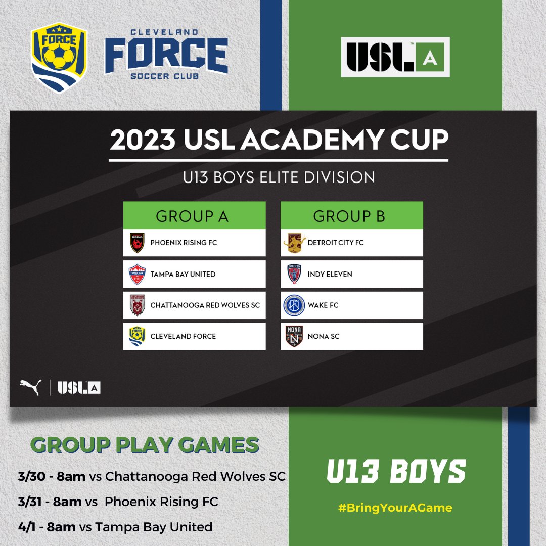ClevForceUSL's tweet photo. The 2023 @USL_Academy Cup is almost here! Check out the groups and schedules for our @ClevForceUSL  Academy U19 Boys, U19 Girls and U13 Boys teams competing in Tampa, FL this week! #chirp @ClevForceSC  #BringYourAGame https://t.co/JCwz7fgQxr